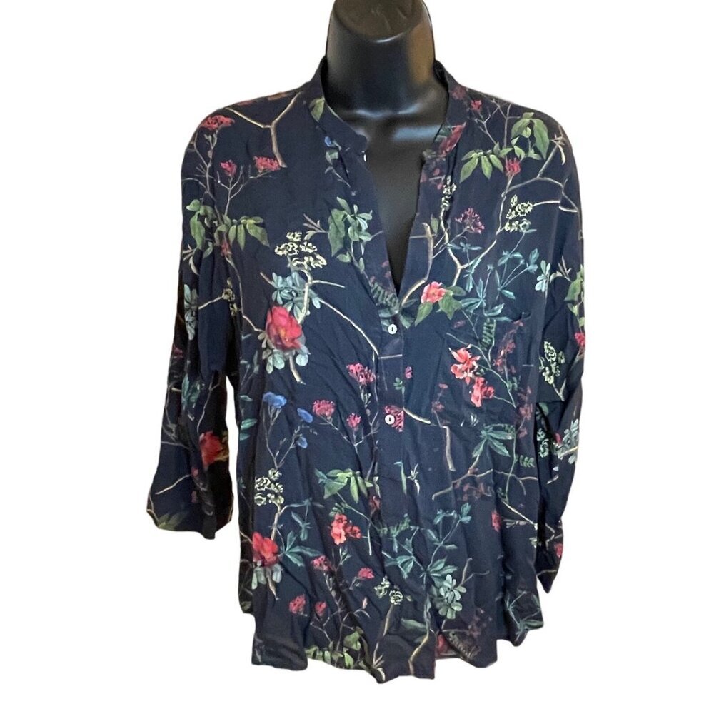 Zara Woman Navy Floral Tunic Pullover Blouse Sz M
